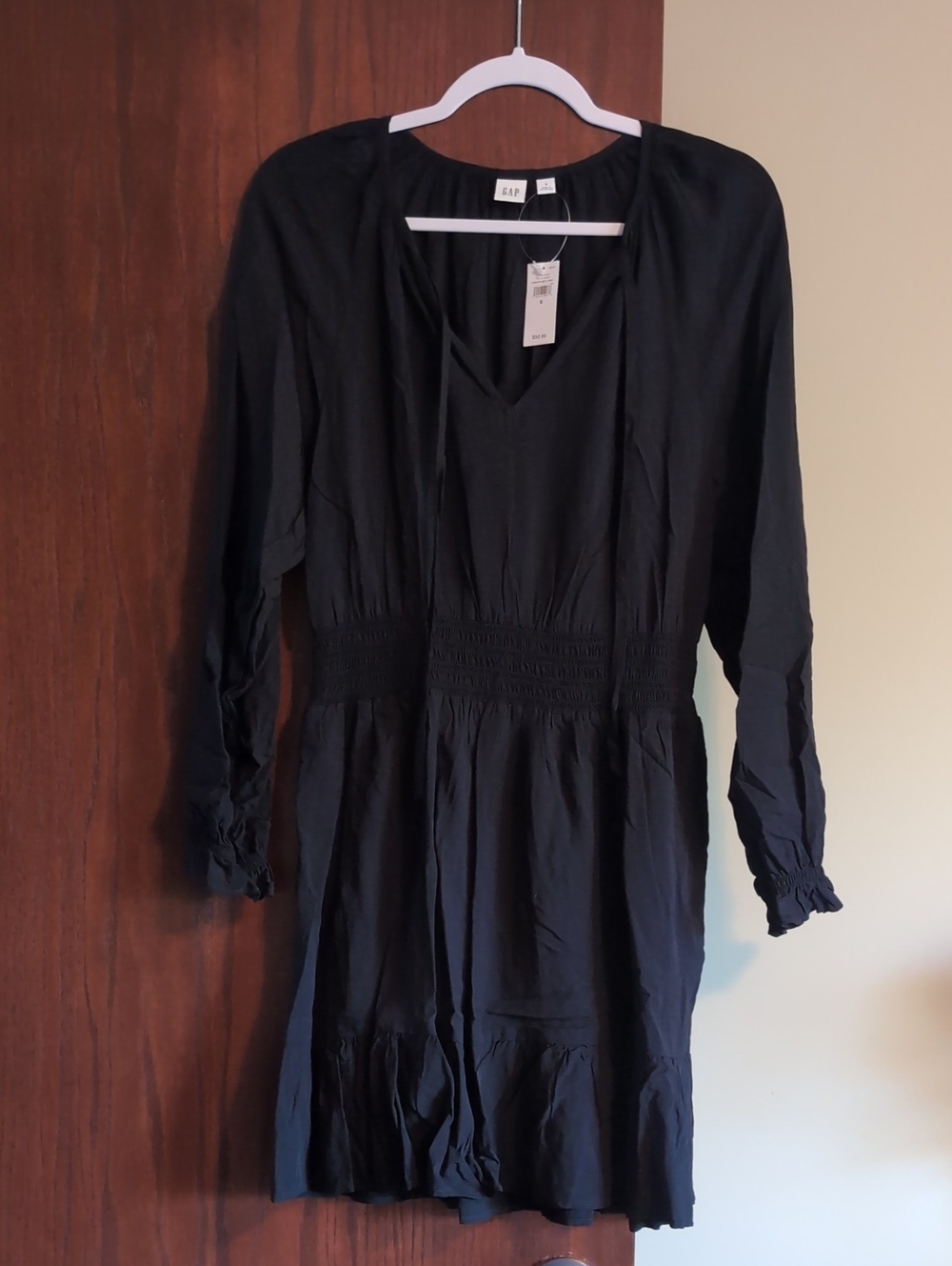 GAP Black Long-Sleeve V-Neck Smocked-Waist Dress